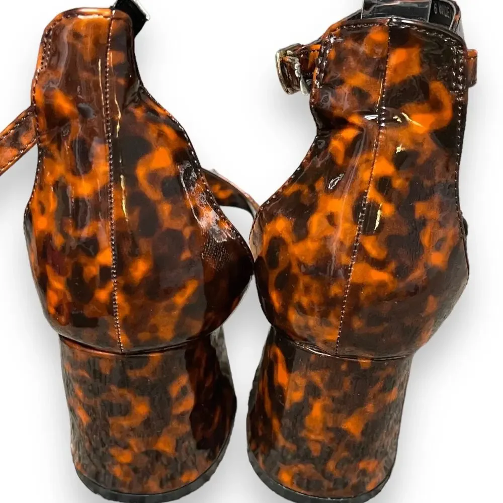 Simply Be Block Heels Women's 8 Brown Open Toe Tortoise Print Ankle Strap New